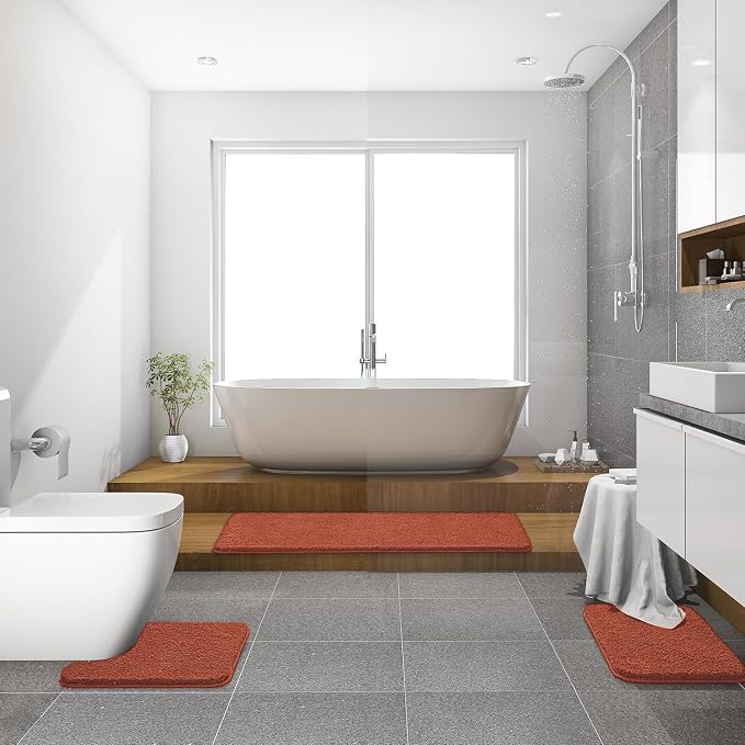 MIULEE Fall Rust Bathroom Rugs Set 2 Piece Soft Bath Mats 20x20+20x32 Inch | Absorbent Microfiber Bath Mat and U-Shaped Toilet Rug, Non Slip, Quick Dry, for Bathroom Floor Tub Showers, Machine Washable