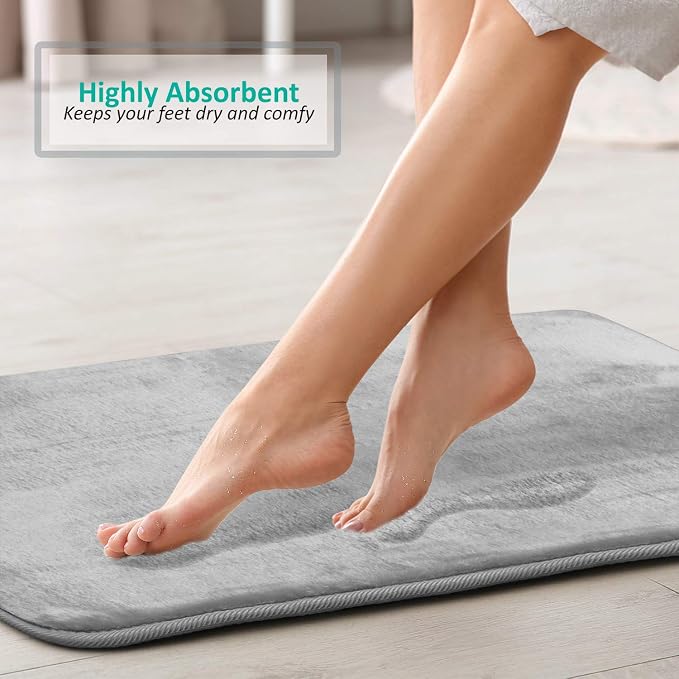 Clara Clark 3 Piece Bathroom Rugs Bath Mat Set, Velvet Memory Foam Bath Mats for Bathroom - Non-Slip, PVC Backing Bath Rugs, Washable - Dries Quickly, Silver