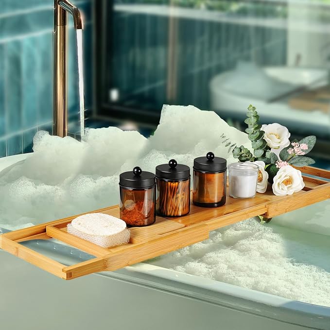 Amolliar Amber Glass Apothecary Jars Qtip Holder w/Metal Lids,Black 4pc | for Bathroom Vanity Storage, Countertop, Farmhouse Style, Holds Cotton Swabs, Dental Floss, Makeup Sponges