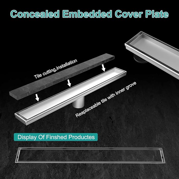 ELLO&ALLO 24 Inch Linear Shower Drain Brushed Nickel, SUS304 Stainless Steel Rectangle Shower Floor Drain with 2-in-1 Flat & Tile Insert Cover
