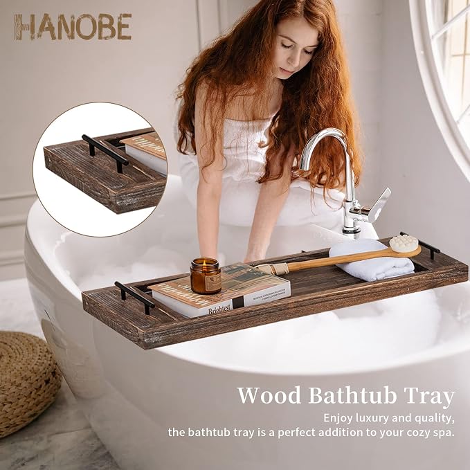 Hanobe Bathtub Tray Bath Caddy: Wood Bath Tub Trays Table Board - Rustic Bathtub Shelf Across Tub - Long Wooden Serving Tray with Handles for Bathroom, 31"