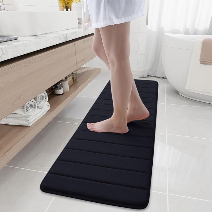 Buganda Memory Foam Bath Mat 59 x 17, Ultra Soft Absorbent Bathroom Rugs | Black, Machine Washable Quick Dry Bath Mats for Bathroom Floor, Shower and Tub, Home Decor Accessories