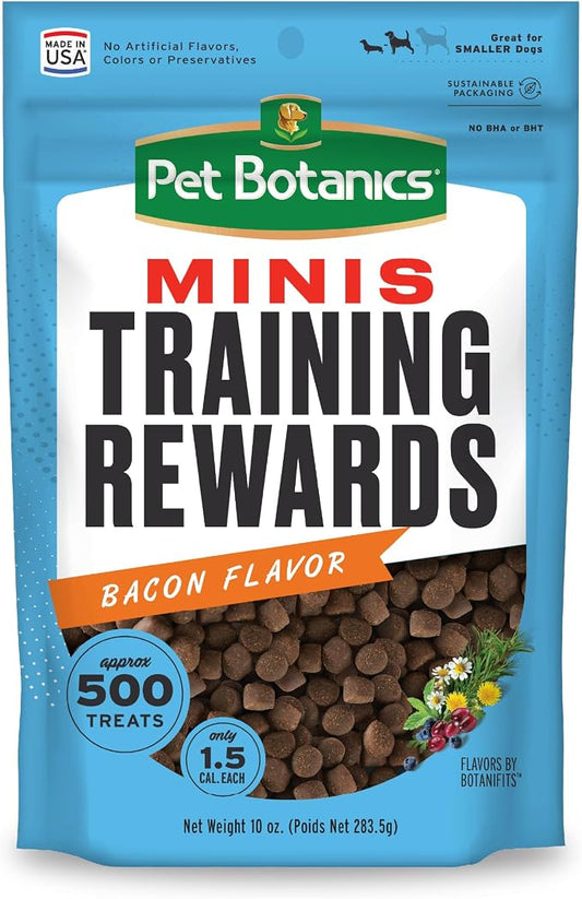 Pet Botanics 10 oz. Pouch Training Rewards Mini Soft & Chewy, Bacon Flavor, with 500 Treats Per Bag, The Choice of Top Trainers | 10 oz Pouch with 500 Treats Per Bag, High-Value Reward for Training, Only 1.5 Calories Per Treat