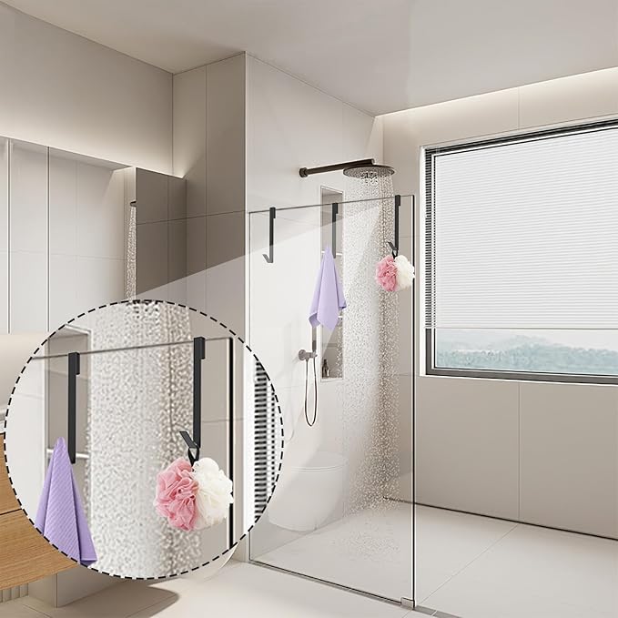Linone 10 in Shower Door Hooks, Towel Hooks for Bathrooms, Shower Hooks for Towels,Heavy Duty Drilling-Free Extended Over Door Towel Hooks for Frameless Glass Shower Door, 3 Pack