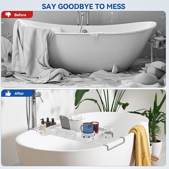 Bathtub Tray for Large Soaking Tub Table Tray Expandable Tub Shelf for Bathtub Caddy Bath Shelf Over Tub Luxury Bath Board Book Holder with Removable 2 Cup Holder Phone Metal Shower Caddy Basket White
