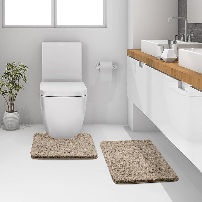 MIULEE Tan Bathroom Rugs Set 2 Piece Soft Bath Mats 20x20+20x32 Inch | Absorbent Microfiber Bath Mat and U-Shaped Toilet Rug, Non Slip, Quick Dry, for Bathroom Floor Tub Showers, Machine Washable