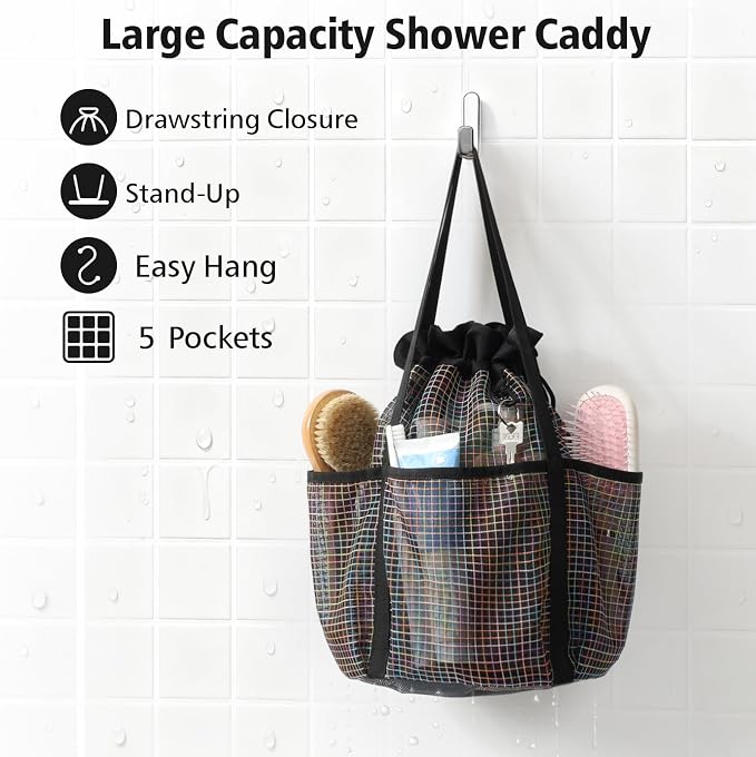 F-color Mesh Shower Caddy Portable with Drawstring - Tall 5 Pockets Dorm Room Essentials for Guys Girls with S Hook, Shower Bag Basket Tote for College Camping Travel Toiletry Bathroom, Black Grid