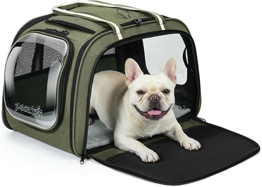 Pecute Cat Carrier with Bubble Window & Sunshade for Dogs Cats, Green XL | Dual bubble windows & top sunshade, 70% more airflow mesh, Impact-resistant stable frame, Locking zippers, Fits up to 20 lbs