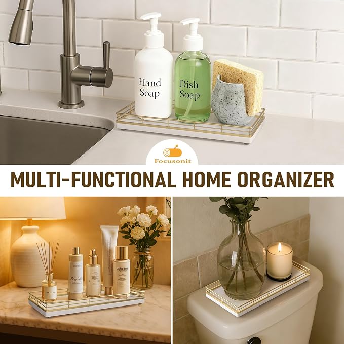 Bathroom Vanity Tray for Countertop, 12" x 6" Oak Wood Toilet Tank Tray with Metal Guardrail, Bathroom Organizer for Soap, Perfume & Skincare, Non-Slip Decorative Tray for Dresser, Gold & White