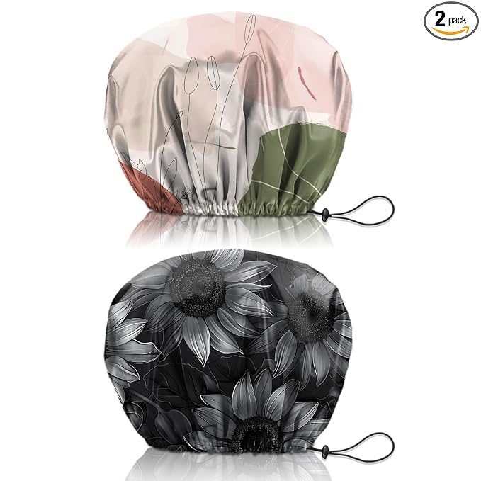 2 PCS Shower Cap Reusable Waterproof Double Layers Hair Caps Shower Bath Adjustable Elastic Hat for Women Girls Cute Aesthetic-Color Block Sunflower