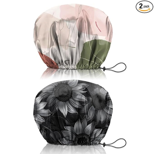 2 PCS Shower Cap Reusable Waterproof Double Layers Hair Caps Shower Bath Adjustable Elastic Hat for Women Girls Cute Aesthetic-Color Block Sunflower