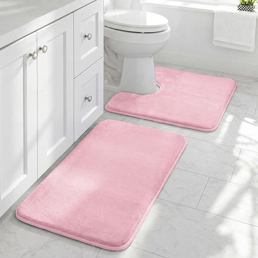 Bathroom Rugs Sets 2 Piece, Non-Slip & Quick Dry Bath Mat Set, Ultra Soft Velvet Bath Rugs for Bathroom, Toilet and Shower Floor, Rose Pink