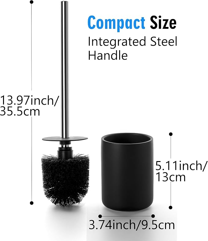 Ceramic Toilet Brush and Holder Set, Toilet Bowl Cleaner Brush | Freestanding Deep-Cleaning, Stainless Steel Handle, Small & Sturdy for Storage, Easy to Clean, Non-Scratching