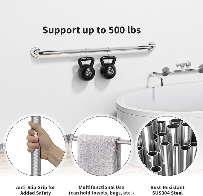 42 Inch Anti-Slip Grab Bar, ZUEXT Polished Chrome Extra Long Stainless Steel Bathroom Safety Assist Handle w/Knurled Grip, Wall Mounted Support Rail for Bathtub, Shower, Toilet Seniors Handicap Safety