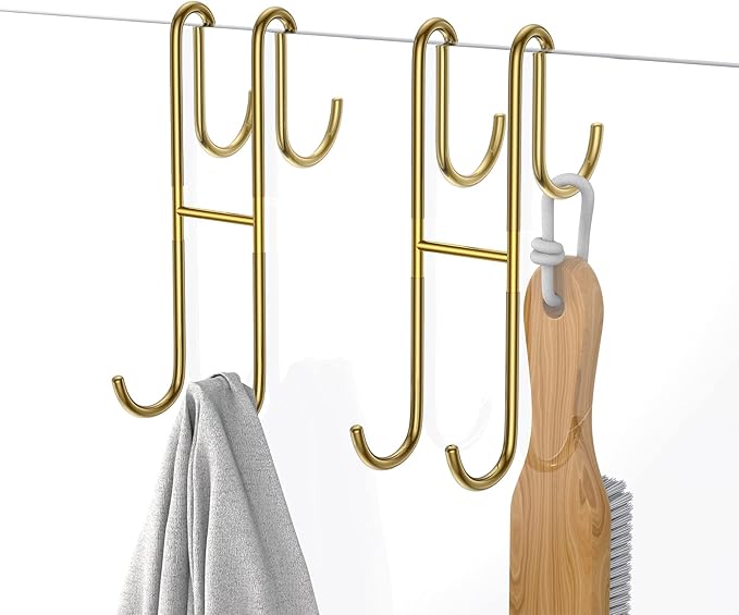 Over Shower Glass Door Hook, 2 Pack Gold Stainless Steel Extended Shower Door Hooks, Bathroom Frameless Drilling-Free Hanger, Double Side Towel Hooks