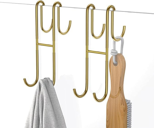 Over Shower Glass Door Hook, 2 Pack Gold Stainless Steel Extended Shower Door Hooks, Bathroom Frameless Drilling-Free Hanger, Double Side Towel Hooks