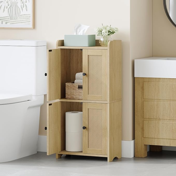 HEXCELEN Small Storage Cabinet, Bathroom Storage Cabinet with 4 Doors, Floor Bathroom Organizer Freestanding for Small Spaces, Living Room, Kitchen, Entryway (Streamlined American, Yellow)