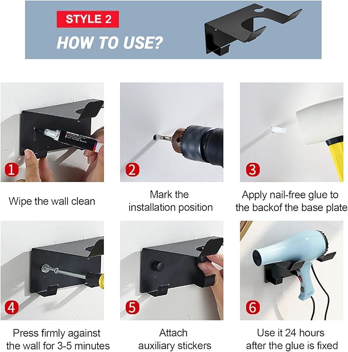Hair Dryer Holder Wall Mount, Stainless Steel Blow Dryer Holder for Bathroom, Rustproof Hair Dryer Organizer Fits 2.3" Diameter, Easy Wall Installation (Black)