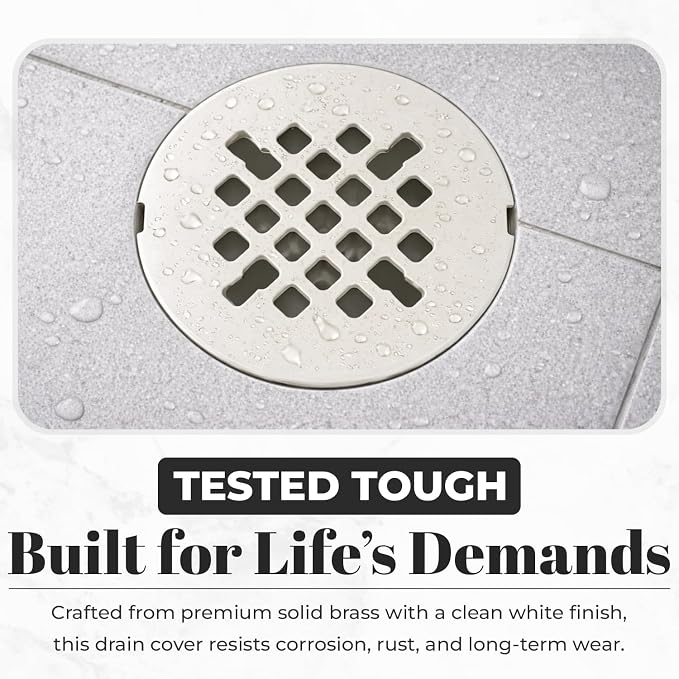 4 ¼” White Snap-in Shower Drain Cover - Stainless Steel Replacement - 4.25" OD Shower Drain Strainer - Easy Install - Premium Round Shower Drain Cover - Solid Brass Construction