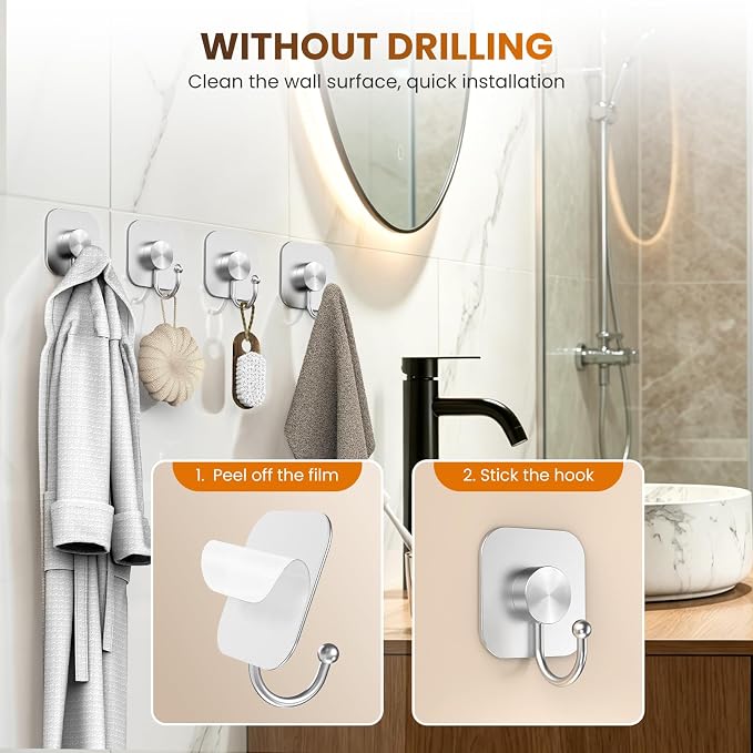 Aikzik 4 Pack Large Heavy Duty Wall Hooks - 26lb Max, Stainless Steel Adhesive Towel Hook, Shower Hooks for Hanging Towel, Coat, Robe, Wall Hook for Use in Bathroom, Kitchen and Door