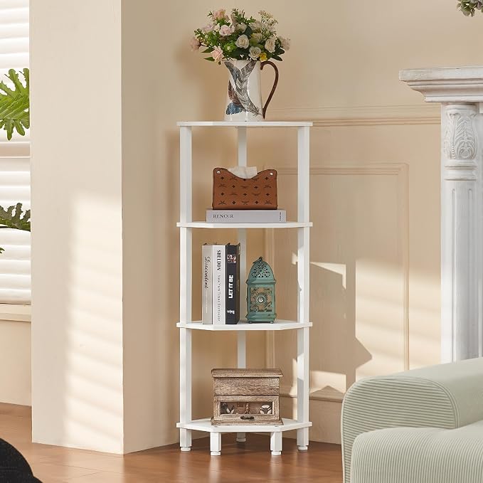 YUFAM 4-Tier Corner Shelf with Sturdy 5-Leg Base, Wooden Corner Bookshelf for Small Spaces, Corner Standing Shelf for Living Room, Bedroom, Office, White