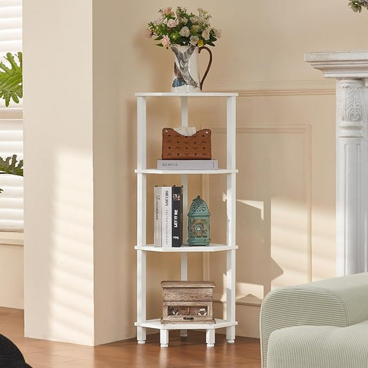YUFAM 4-Tier Corner Shelf with Sturdy 5-Leg Base, Wooden Corner Bookshelf for Small Spaces, Corner Standing Shelf for Living Room, Bedroom, Office, White