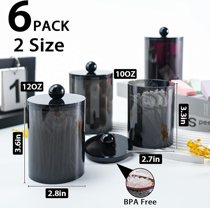 6 Pcs Acrylic Qtip Holder, Cotton Ball Holder Jars with Lids, Black | Apothecary Jars for Cotton Swabs, Balls, Pads and Floss Picks, Bathroom Vanity Organizer