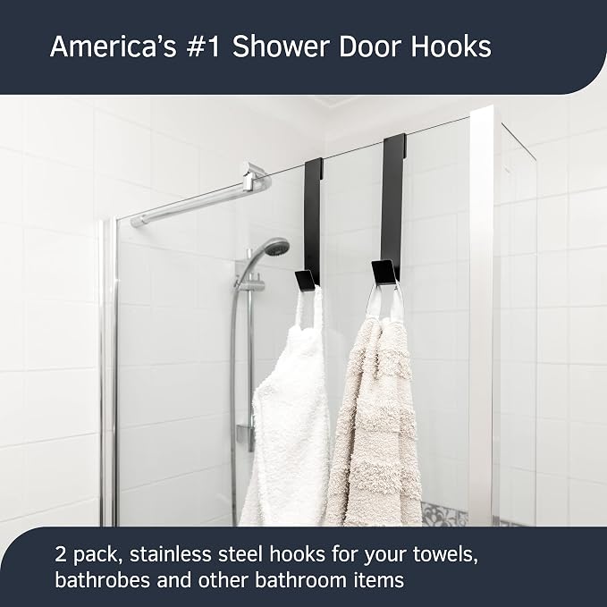 8" Black Stainless Steel Foam-Backed Shower Door Hooks, 2 Pack, Non-Slip, Fits 3/8" (10mm) Glass Doors
