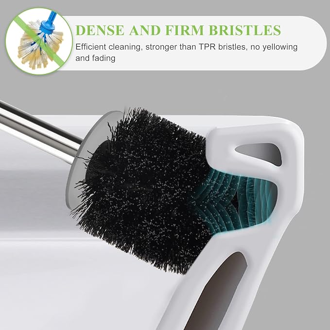 AONEZ Compact Toilet Brush & Holder, Stainless Steel Handle, Space Saving for Storage, Deep Cleaning, Drip-Proof, Easy to Assemble, Nylon Bristles, White & Grey | Stainless Steel Handle; Easy to Hide; Space Saving for Storage; Drip-Proof; Easy to Assem...