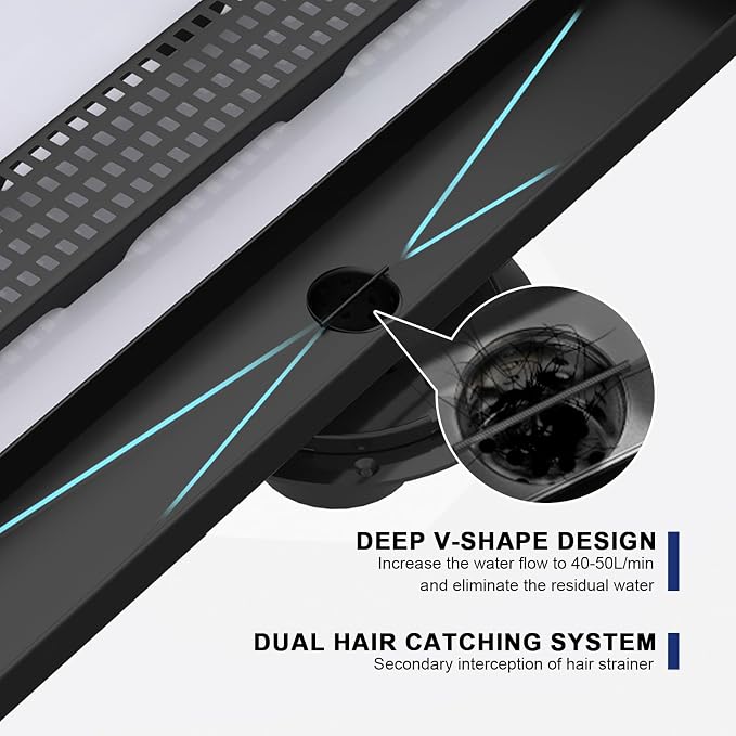 Linear Shower Drain | 48 Inch AISI 304 Stainless Steel Shower Drain, Matte Black Linear Drain with Removable Quadrato Grate Cover & Adjustable Feet, Rectangle Floor Drain, in Bathroom Balcony etc
