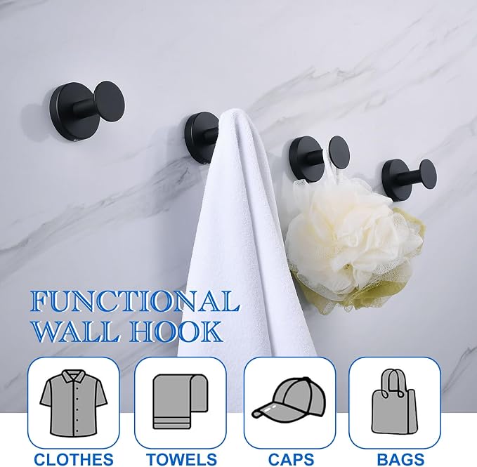 NEWRAIN Bathroom Towel Hooks, 2 Pack Towel Holder for Bathroom Wall, Cabinet Closet Door, Kitchen, Bedroom, Hotel - Modern Design Effortless Mounting Towel Hangers, Robe Hook Matte Black