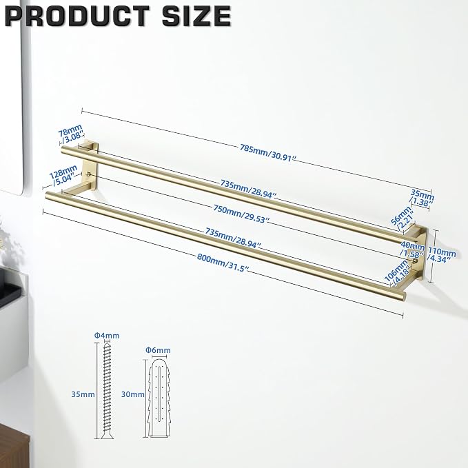 Alise 32 inch Double Towel Bar for Bathroom Wall Mounted, Brushed Gold | SUS304 Stainless Steel, Bathroom Towel Holder Towel Hanger, Towel Racks for Bathroom, Labatory, Tower Drying Rack Towel Rail