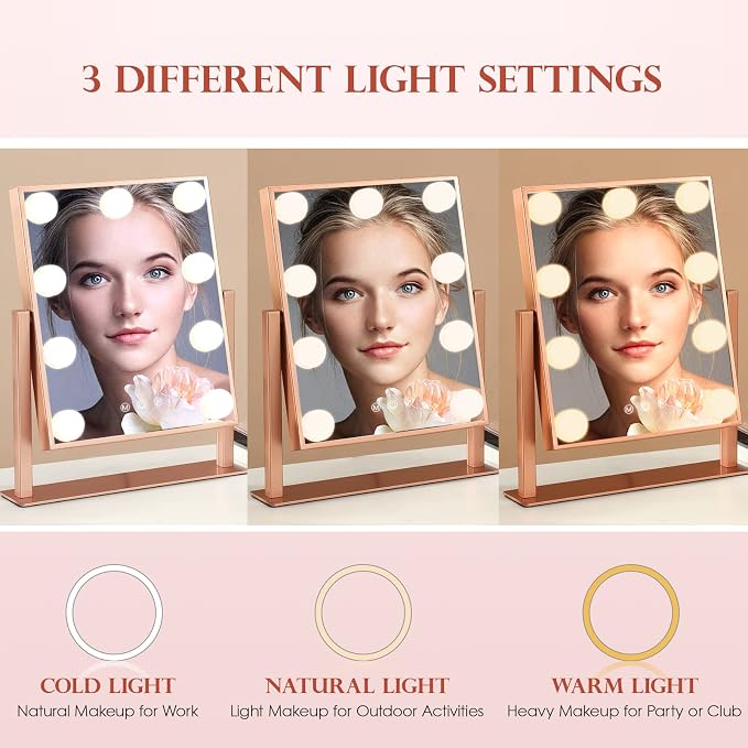 BWLLNI Lighted Makeup Mirror, Rose Vanity Mirror with Lights,9 LED Bulbs | Hollywood Mirror Touch Control Design 3 Colors Dimmable Bulbs Detachable 10X Magnification 360°Rotation
