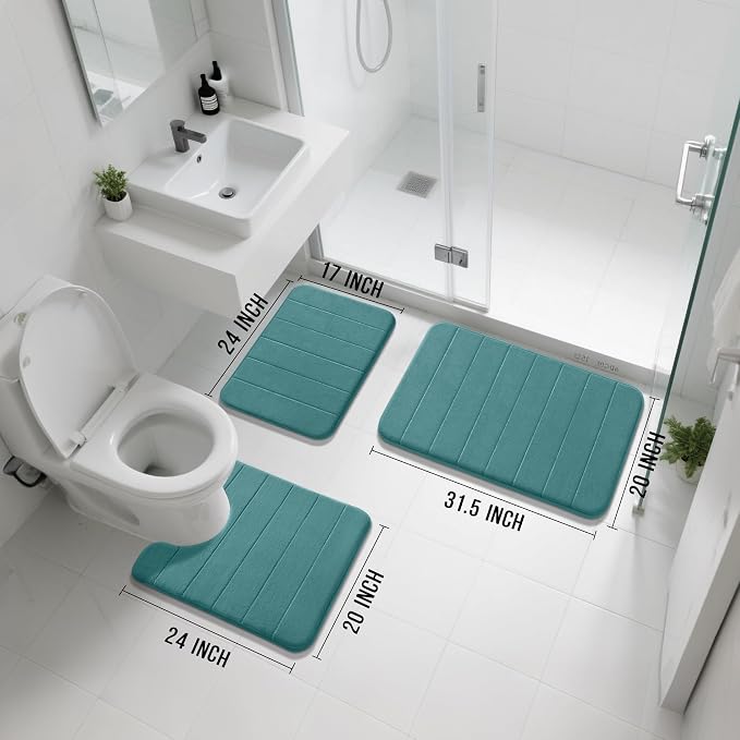 Yimobra Memory Foam Bath Mat Set 3 Pieces- Super Soft Absorbent Quick Dry Bathroom Rug Sets, Machine Washable Non Slip Floor Carpet for Tub Shower, Vanity & Toilet Base, Teal