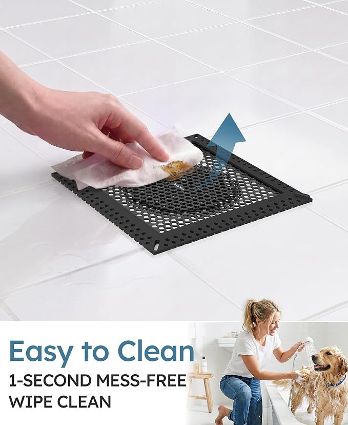Square Shower Drain Hair Catcher, Anti-Clogging, Black, 6 inch | 304 Stainless Steel and TPE Material/ Not Moving / Easy Clean / Fast Drainage / Fits Bathroom Hair Catcher for Shower
