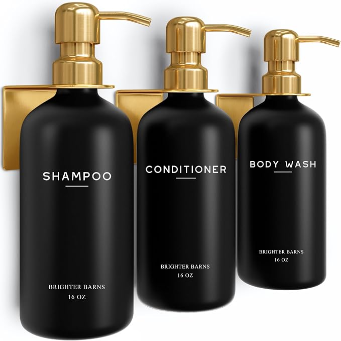 Luxury Shampoo and Conditioner Dispenser Set Wall Mounted by Brighter Barns - Refillable Shower Shampoo Dispenser and Stainless Steel Pumps - Modern Bathroom Decor for Guest House, Airbnb (Black Gold)