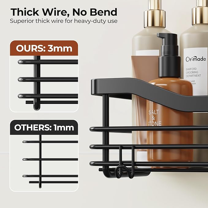 Orimade Shower Caddy Basket Shelf Storage Rack, No Drilling Wall Mounted Adhesive Rust Resistant Stainless Steel Shower Organizer with 5 Hooks for Bathroom, Black 2 Pack