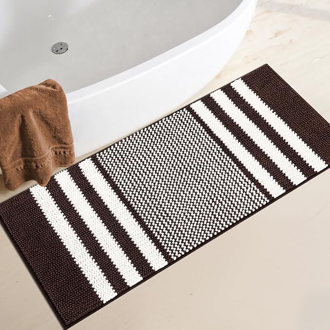 Large Bathroom Rugs Runner, 20x47 Chenille Bath Mats, Coffee | Extra Soft Absorbent, Non Slip Striped, Quick Dry Machine Washable, Modern, Shower Rug for Bathroom Bedroom Decor