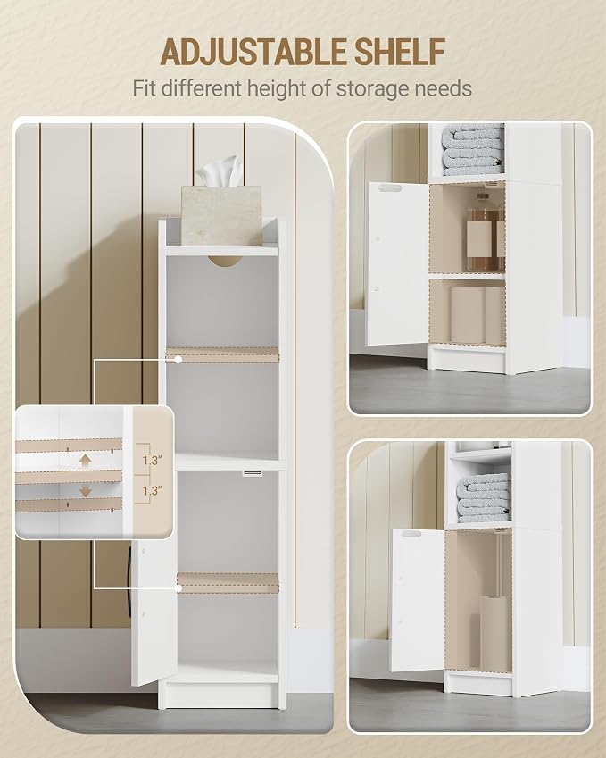 Hzuaneri Bathroom Storage Cabinet, Small Farmhouse Corner Floor Cabinet with Door and Shelves, Narrow Toilet Paper Holder Stand, Bathroom Organizer with Adjustable Shelf, for Small Spaces, White