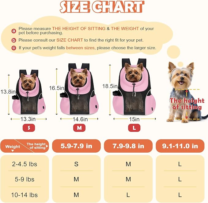 WOYYHO Pet Dog Carrier Backpack, Ventilated Mesh Small Dog Front Backpack | Breathable Puppy Back Pack, with Safety Belt, Storage Pockets, for Travel Hiking Cycling Outdoor Adventures, Pink, M