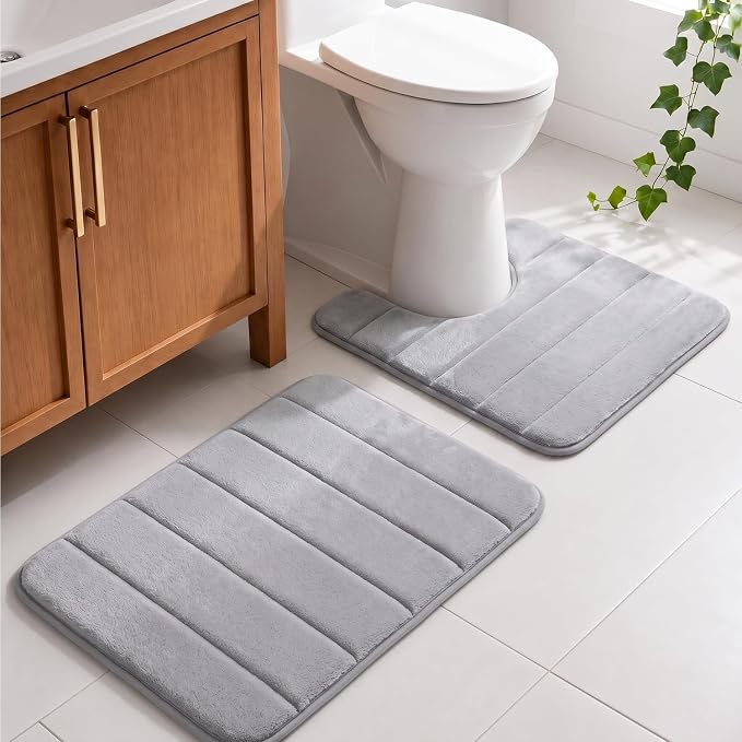 Memory Foam Bathroom Rugs Sets 2 Piece - Super Soft Absorbent Quick Dry Memory Foam Bathroom Rugs, Machine Washable Non Slip Floor Carpet for Tub Shower & Single Sink 16x24 & 20x20, (Light Grey)