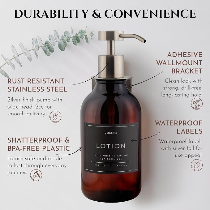 Shower Shampoo Dispenser Wall Mounted – Refillable 16.9 oz Amber Bottle with Stainless Steel Pump & No-Drill Adhesive Holder – Soap Dispenser for Bathroom (1 X Amber/Silver)