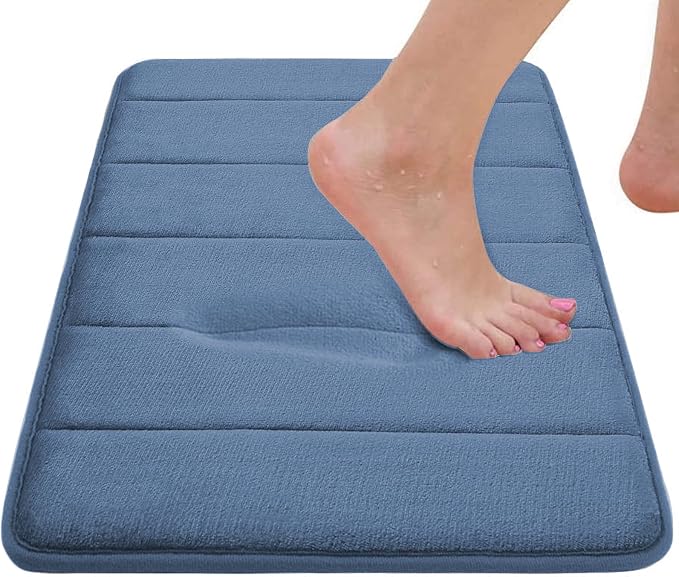 Memory Foam Bath Rug Set 3 Piece Non-Slip Mats,Absorbent Shaggy Super Soft U-Shaped Toilet Rug,Bathroom Carpets for Tub,Shower,Blue
