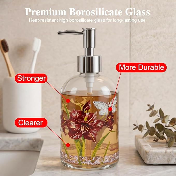 Topadorn Hand and Dish Soap Dispenser Set, 2 Pack 17oz Glass Soap Dispensers with Pump, Refillable Kitchen Soap Bottles, Vintage Floral & Goldfinch Bathroom Counter Decor