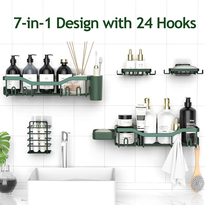 NESOMI Shower Caddy Adhesive Shower Organizer 7-Pack, Rustproof Stainless Steel Bathroom Shelves, Large Capacity No-Drill Rack Storage Accessories with Soap Dish Toothbrush Holder Hooks