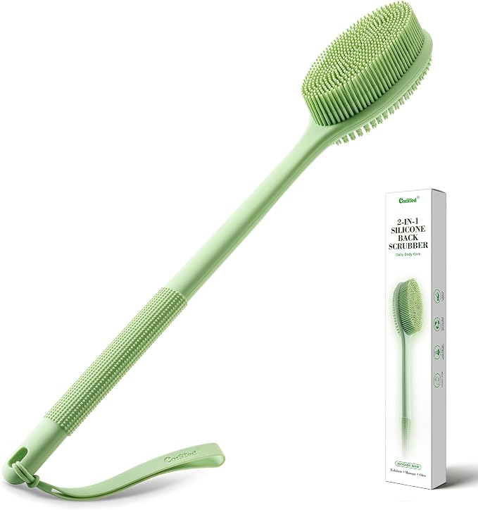 CORATED Silicone Back Scrubber for Shower, 2‑in‑1 Body Brush with Handle | Exfoliating Body Scrubber for Women & Men Daily Use, Loofah Alternative Bath Accessories