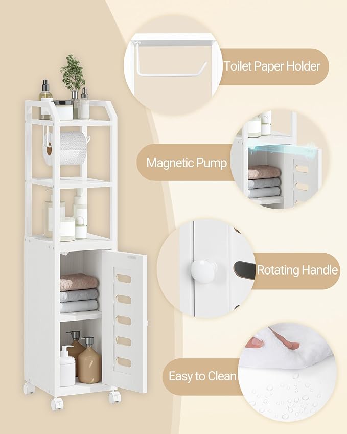 Hzuaneri Bathroom Storage Cabinet - Toilet Paper Storage Cabinet, Small Toilet Paper Holder with 4 Wheels, Bathroom Organizer with Adjustable Shelf, for Small Spaces, White BC04613W