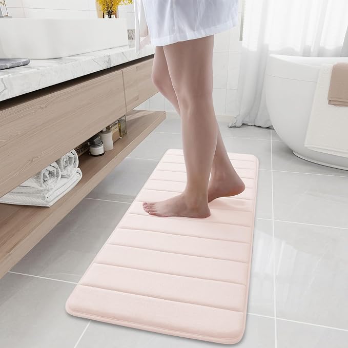 Buganda Memory Foam Bath Mat 47 x 17, Ultra Soft Absorbent Bathroom Rugs | Pink, Machine Washable Quick Dry Bath Mats for Bathroom Floor, Shower and Tub, Home Decor Accessories