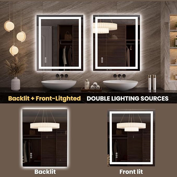 LOAAO 35.4"x29.9" LED Bathroom Mirror with Lights, UL Listed | Anti-Fog, Dimmable, 3 Color Temperature, Backlit + Front Lit, Memory Function, Tempered Glass