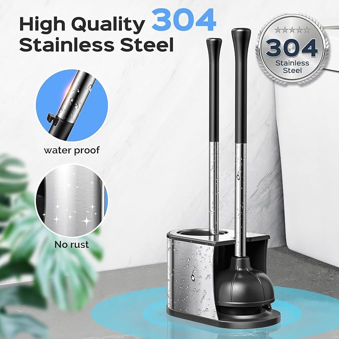HAMITOR Toilet Plunger and Brush Set: 2 Pack 2 in 1 Stainless Steel Rustproof Combo with Curved Bristles - Heavy Duty Toilet Unclogging for Family Bathroom - Compact Apartment Cleaning Accessories
